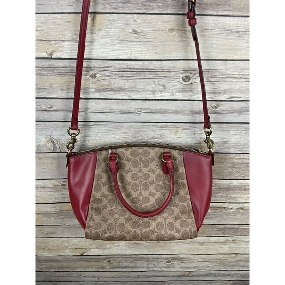 Coach Elise Crossbody Bag NEW Tan Red Apple Signature Double Handle C Print - Picture 6 of 12